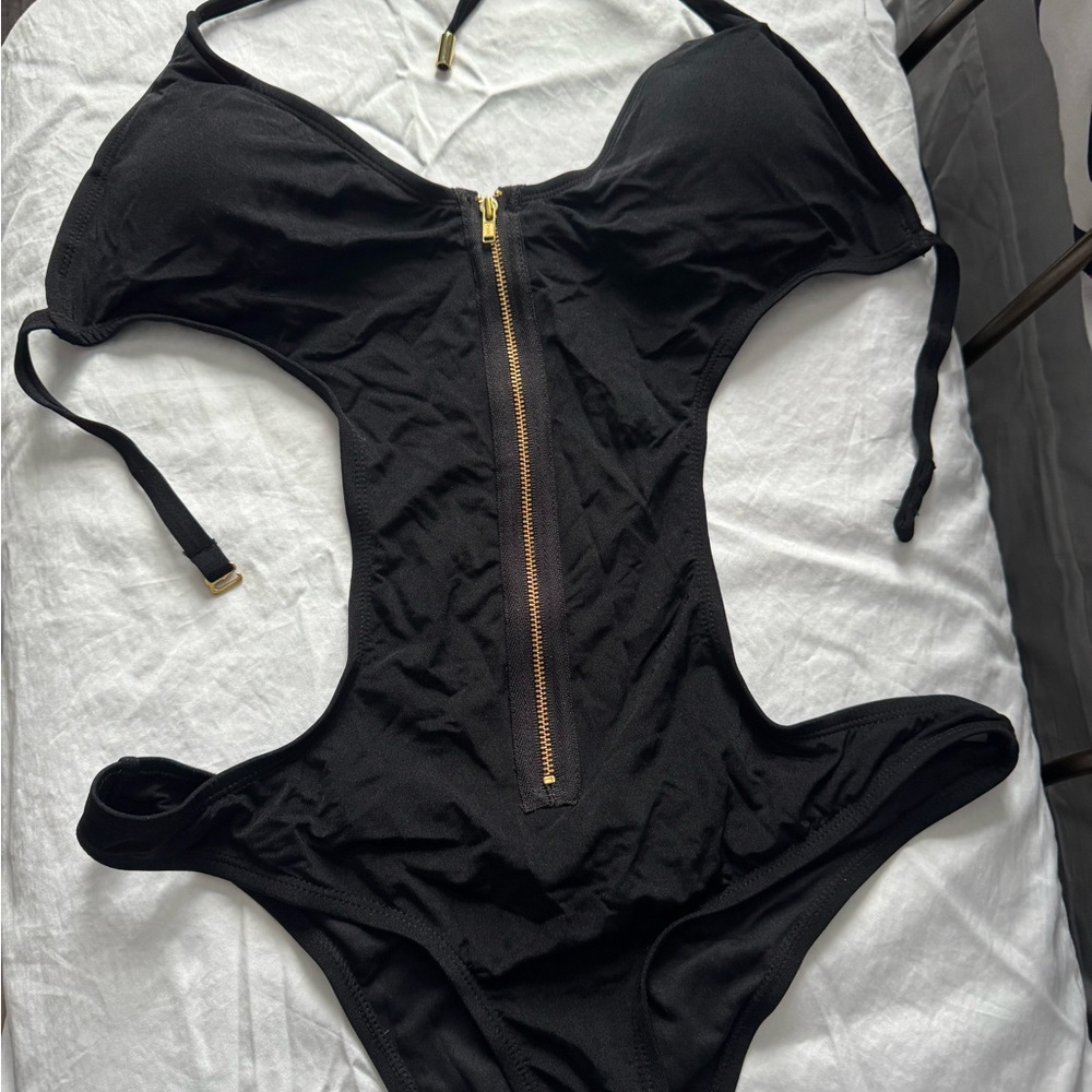 Chic Black One Piece Swimsuit with Gold Zipper New
